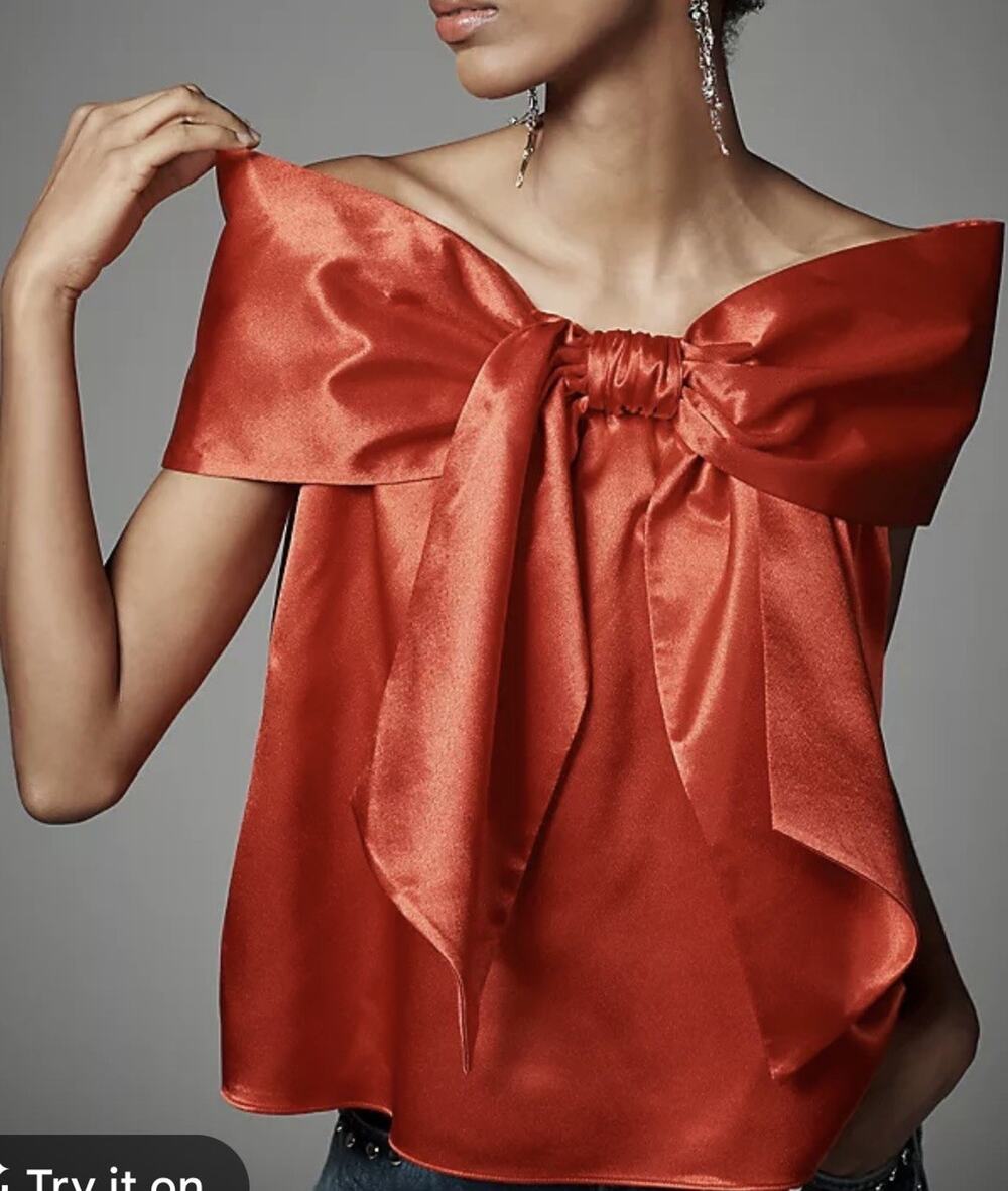 Mare Mare Anthropologie Red Satin Off The Shoulder Oversized Bow Top Sz Small